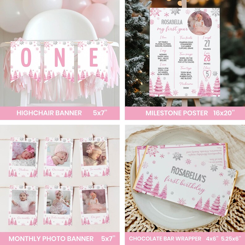 May include: A collection of first birthday party supplies featuring a pink and silver winter theme. Items include a highchair banner, a 40.6x50.8 cm milestone poster, a monthly photo banner, and a 10.2x13.3 cm chocolate wrapper with snowflake and tree motifs.