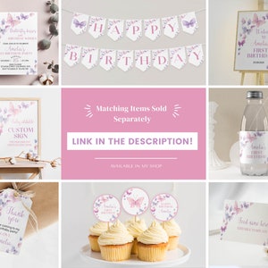May include: A set of printable party decorations featuring a butterfly theme in pink and purple. The set includes a banner, a welcome sign, a custom sign, cupcake toppers, a water bottle label, and a food tent card. The text on the decorations says "Happy Birthday", "Welcome to Amelia's First Birthday", "Custom Sign", "Amelia's First Birthday", "Happy First Birthday Amelia", and "Food name here Edible topper".