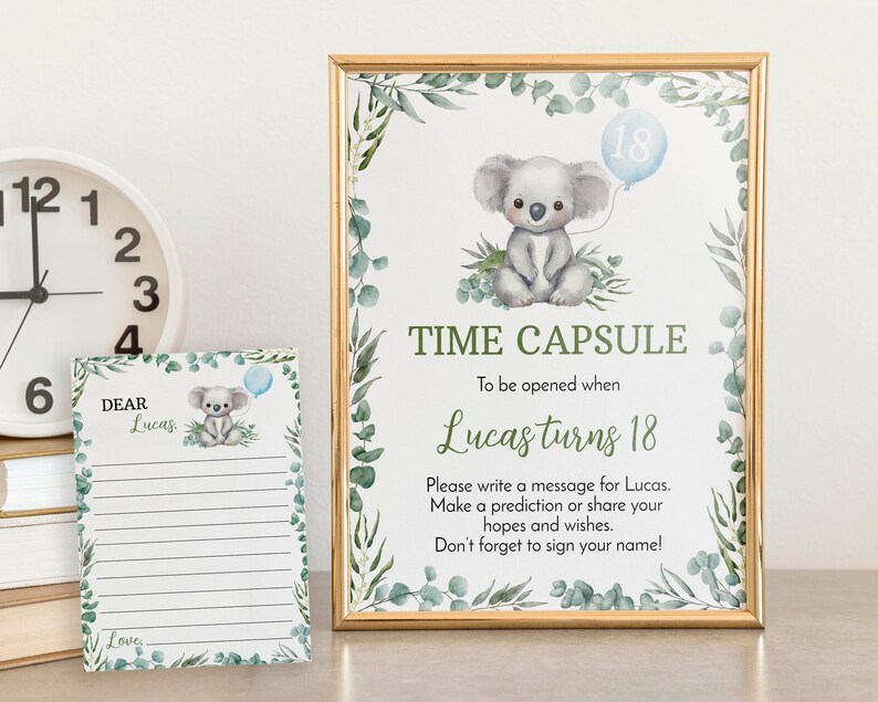 REDIGERBAR Koalas 1-årsdags-tidskapselmall, Koala-fest-tidskapselkort, australiskt djur-födelsedagsminnessak, utskrivbar. K001 bild 3