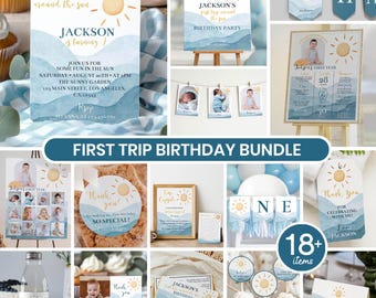 Editable First Trip Around The Sun Invitation Bundle, Boho Sunshine 1st Birthday Party Kit, Boy 1st Birthday Decor Package Template. S005