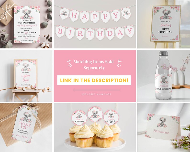 K&ouml;nnte beinhalten: Eine Sammlung von Geburtstagsparty-Papeterie mit einer Koala-Illustration und rosa Blumenakzenten. Die Artikel umfassen eine Einladung, ein Happy Birthday-Banner, ein Willkommensschild, ein Wasserflaschenetikett, einen Geschenkanh&auml;nger und Cupcake-Topper.