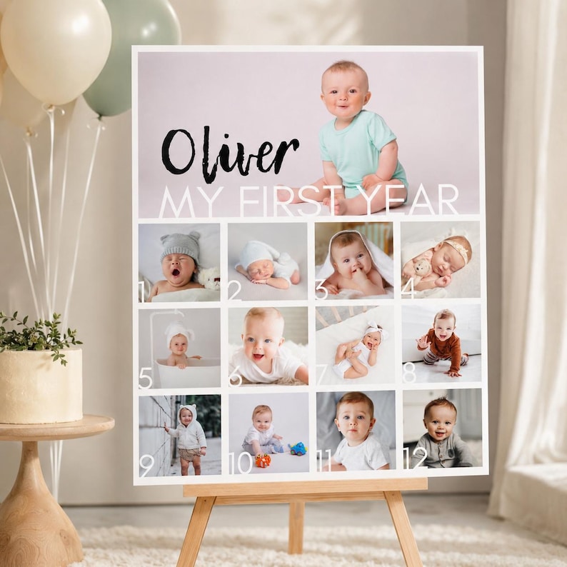 Pu&ograve; includere: Un pannello rettangolare per collage fotografico intitolato Oliver MY FIRST YEAR con dodici fotografie numerate di un bambino. La sezione superiore mostra una grande immagine di un bambino con una maglietta verde chiaro, seguita da una griglia di dodici foto pi&ugrave; piccole che documentano le tappe mensili da uno a dodici.