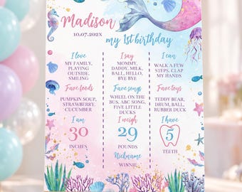 EDITABLE Mermaid Milestone Poster, Mermaid 1st Birthday Chalkboard Sign, Mermaid Birthday Decorations, Under The Sea Party, Printable. M006