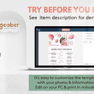 Op de afbeelding: Een laptopscherm toont een aanpasbaar digitaal verjaardagssjabloon met aardbei-afbeeldingen, een fotoplaatshouder en tekst, waaronder "BERRY FIRST BIRTHDAY" en "Amelia's". De tekst "TRY BEFORE YOU BUY!" staat hierboven weergegeven.