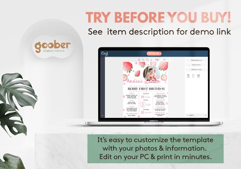 Op de afbeelding: Een laptopscherm toont een aanpasbaar digitaal verjaardagssjabloon met aardbei-afbeeldingen, een fotoplaatshouder en tekst, waaronder "BERRY FIRST BIRTHDAY" en "Amelia's". De tekst "TRY BEFORE YOU BUY!" staat hierboven weergegeven.