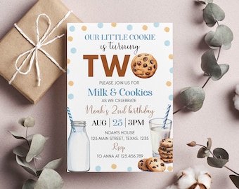 EDITABLE Milk and Cookies Birthday Invitation, Boy 2nd Birthday Party, One Sweet Cookie Printable Birthday Card. C010