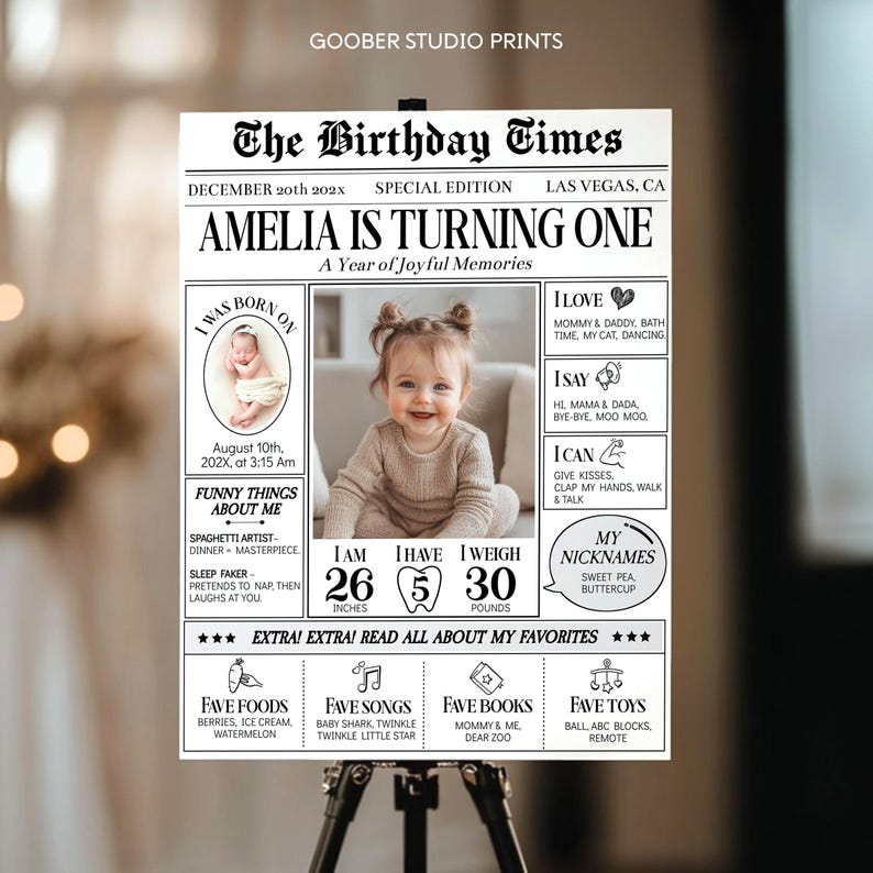 Editable First Birthday Milestone Sign, One Year Of Baby Birthday Newspaper Template, Custom Newspaper Poster, My First Year Photo Board.