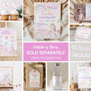 May include: A collection of unicorn-themed birthday party stationery including a digital invitation, cupcake toppers, a milestone board, a thank you card, a place card, a banner, a custom sign, a gift tag, and a water bottle label with rainbow graphics.