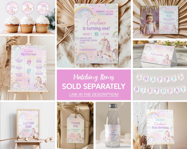 May include: A collection of unicorn-themed birthday party stationery including a digital invitation, cupcake toppers, a milestone board, a thank you card, a place card, a banner, a custom sign, a gift tag, and a water bottle label with rainbow graphics.