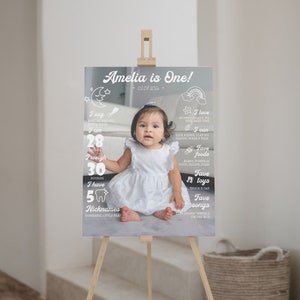 May include: A milestone birthday sign featuring a photograph of a baby in a white dress. The text reads Amelia is One, 28 inches, 30 pounds, 5 teeth, and lists various favorites like songs, foods, and toys with white line art icons on a gray background.