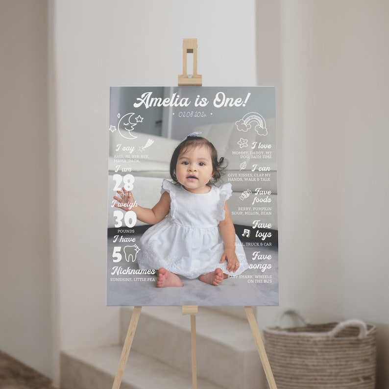May include: A milestone birthday sign featuring a photograph of a baby in a white dress. The text reads Amelia is One, 28 inches, 30 pounds, 5 teeth, and lists various favorites like songs, foods, and toys with white line art icons on a gray background.