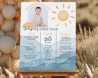 EDITIERBARE Erste Reise um die Sonne Meilensteintafel, Sonnenschein 1. Geburtstag Zeichen, Boho Sun Geburtstag Meilenstein Poster, druckbare Vorlage. S005