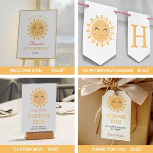 Puede incluir: Un conjunto de papeler&iacute;a para fiestas con un gr&aacute;fico de sol sonriente. Incluye un cartel de bienvenida de 40,6x50,8 cm, una pancarta con sol y letra H, un cartel de 20,3x25,4 cm y una etiqueta de 5,1x8,9 cm con cuerda, con texto de cumplea&ntilde;os.