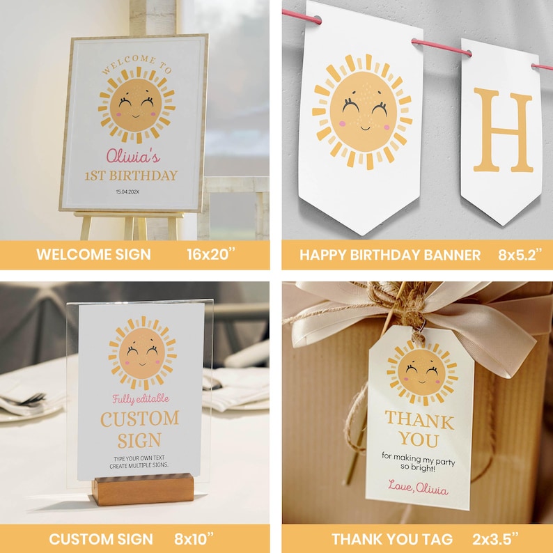 Puede incluir: Un conjunto de papeler&iacute;a para fiestas con un gr&aacute;fico de sol sonriente. Incluye un cartel de bienvenida de 40,6x50,8 cm, una pancarta con sol y letra H, un cartel de 20,3x25,4 cm y una etiqueta de 5,1x8,9 cm con cuerda, con texto de cumplea&ntilde;os.