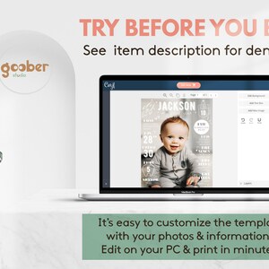May include: A laptop computer displaying a digital template for a baby's first birthday. The template is customisable with photos and information. The text on the template reads "Jackson" and "10 Months". The text "TRY BEFORE YOU BUY! See item description for demo link" is displayed above the laptop.