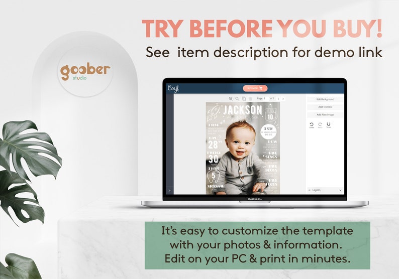 May include: A laptop computer displaying a digital template for a baby's first birthday. The template is customisable with photos and information. The text on the template reads "Jackson" and "10 Months". The text "TRY BEFORE YOU BUY! See item description for demo link" is displayed above the laptop.