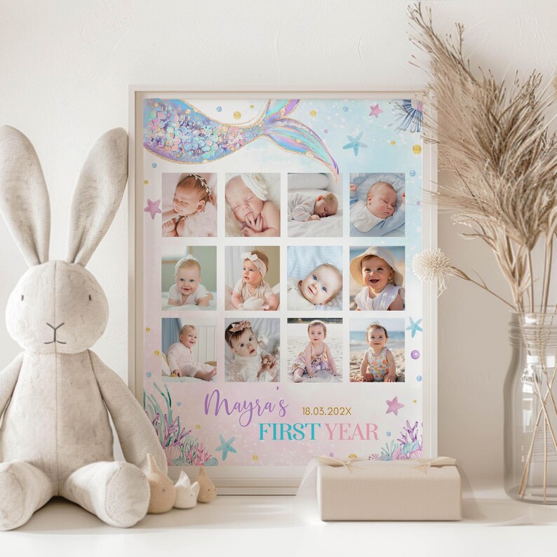 May include: A mermaid-themed first year photo collage with a blue and pink color scheme. The collage features 12 photos of a baby girl, with a mermaid tail illustration at the top. The text "Mayra's First Year" is at the bottom of the collage.