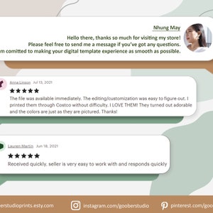 May include: A screenshot of a website with customer reviews for digital templates. The reviews are positive and highlight the ease of use and quality of the templates. The website is for a business called "gooberstudioprints".