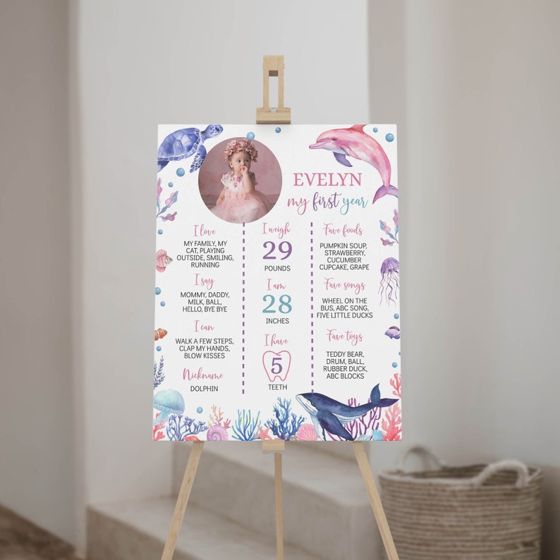May include: A rectangular milestone board featuring a circular photo of a child, watercolour sea creatures, and text detailing Evelyn's first year, including 13.15 kg and 71.12 cm, displayed on a wooden easel with a white background.