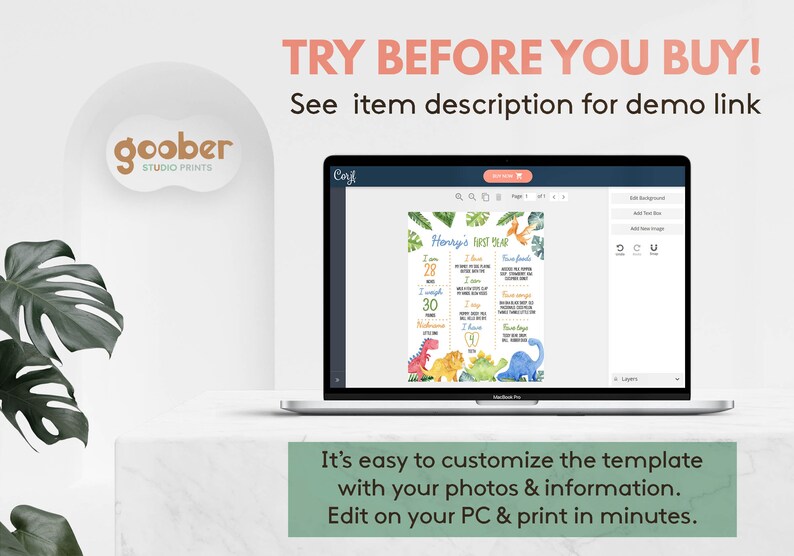May include: A laptop screen displaying a customizable digital milestone board template for a child's first birthday. The design features colorful watercolor dinosaur illustrations, green tropical leaves, and text fields for personal details like age, weight, and favorite things.