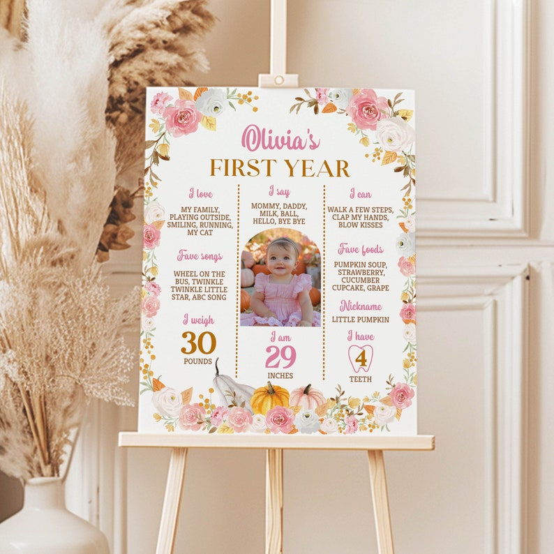 EDITABLE Little Pumpkin First Birthday Milestone Board, Autumn Girl 1st Birthday Sign, Boho Pumpkin Milestone Photo Poster, Printable. P015