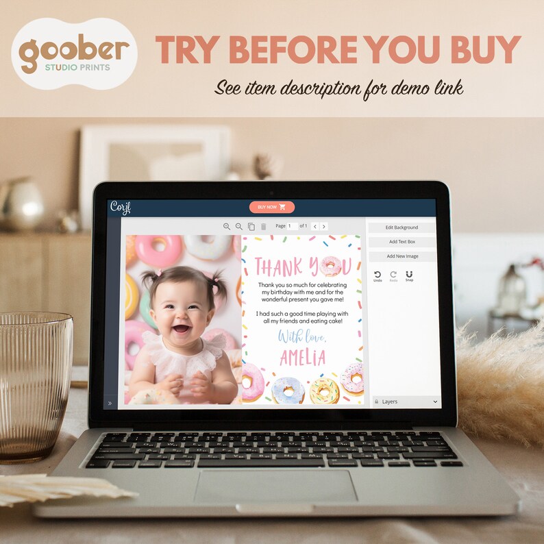 May include: A digital design template for a thank you card with a donut theme. The card features a photo of a young girl, a donut graphic, and the text "Thank You" and "With love, Amelia".