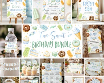 May include: A Two Sweet birthday party bundle featuring a collection of printable items including signs, tags, labels, and banners decorated with watercolor illustrations of donuts, cupcakes, ice cream, and candy in soft blue and pastel tones.