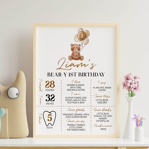 Puede incluir: Un p&oacute;ster de cumplea&ntilde;os personalizado para un ni&ntilde;o llamado Liam, con una ilustraci&oacute;n de un oso de peluche marr&oacute;n con globos, que detalla 28 libras, 32 pulgadas, 5 dientes, adem&aacute;s de comidas, canciones, libros y logros favoritos.