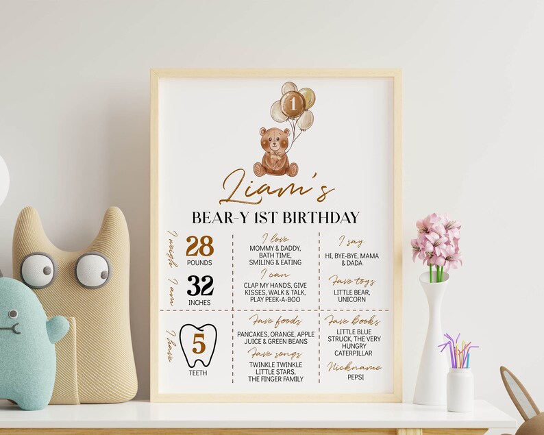 Puede incluir: Un p&oacute;ster de cumplea&ntilde;os personalizado para un ni&ntilde;o llamado Liam, con una ilustraci&oacute;n de un oso de peluche marr&oacute;n con globos, que detalla 28 libras, 32 pulgadas, 5 dientes, adem&aacute;s de comidas, canciones, libros y logros favoritos.