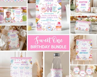 Editable Sweet One First Birthday Invitation Bundle, Donut 1st Birthday Party Kit, Sweet One Birthday Party Package, Instant Download. S023