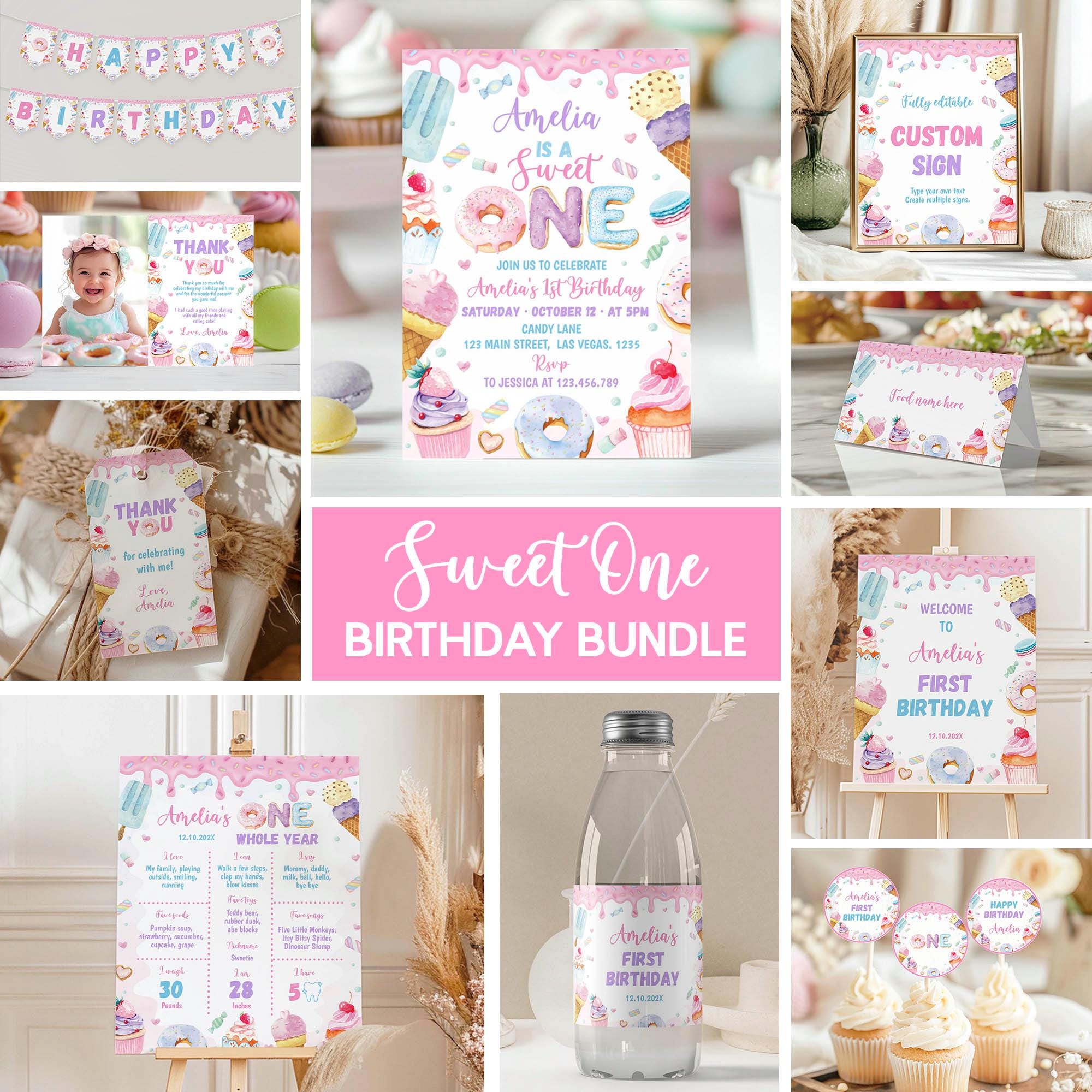 Editable Sweet One First Birthday Invitation Bundle, Donut 1st Birthday Party Kit, Sweet One Birthday Party Package, Instant Download. S023