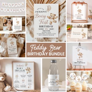 Editable Beary 1st Birthday Invitation Bundle, Teddy Bear Theme Birthday Invite Kit, Bear Birthday Party Package, Instant Download. B022