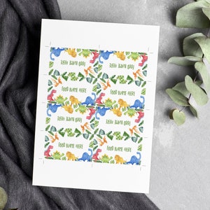 May include: Printable food labels with a dinosaur theme. The labels feature colourful dinosaurs, green leaves, and the text "Food Name Here".