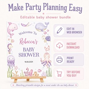 Puede incluir: Un letrero imprimible para baby shower con criaturas marinas en acuarela, incluyendo un delf&iacute;n, ballena, tortuga y pulpo. El texto dice Welcome To Rebecca's BABY SHOWER 18.06.202X. Incluye iconos para edici&oacute;n web, descarga y impresi&oacute;n.