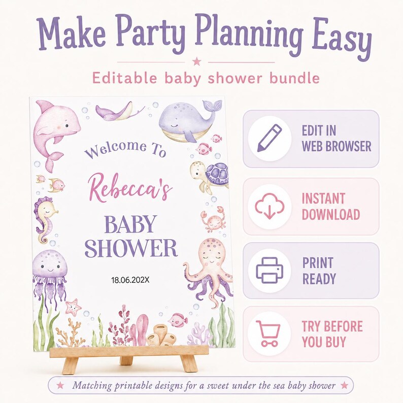 Puede incluir: Un letrero imprimible para baby shower con criaturas marinas en acuarela, incluyendo un delf&iacute;n, ballena, tortuga y pulpo. El texto dice Welcome To Rebecca's BABY SHOWER 18.06.202X. Incluye iconos para edici&oacute;n web, descarga y impresi&oacute;n.
