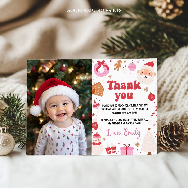 May include: A rectangular thank you card featuring a photo of a smiling baby wearing a red and white Santa hat on the left. The right side has a white background with red text reading Thank you, Love, Emily, and various Christmas icons.