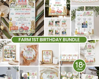 May include: Farm-themed first birthday party printable bundle with 18+ items, including invitations, banners, cupcake toppers, and thank you cards. The design features a red barn, farm animals, and a tractor.