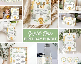 Editable Wild One 1st Birthday Bundle, Safari Birthday Invitation Bundle, Wild One Theme Birthday Party Package, Printable Template. A012