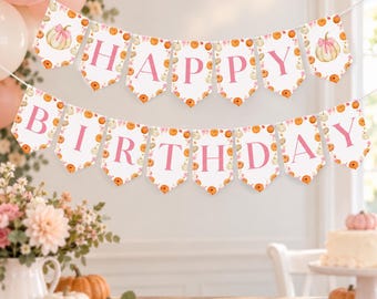 Editable Pumpkin 1st Birthday Banner, Girl Birthday Party Banner, Pink Bow Birthday Banner, Fall Party Decor, Printable Template. P018