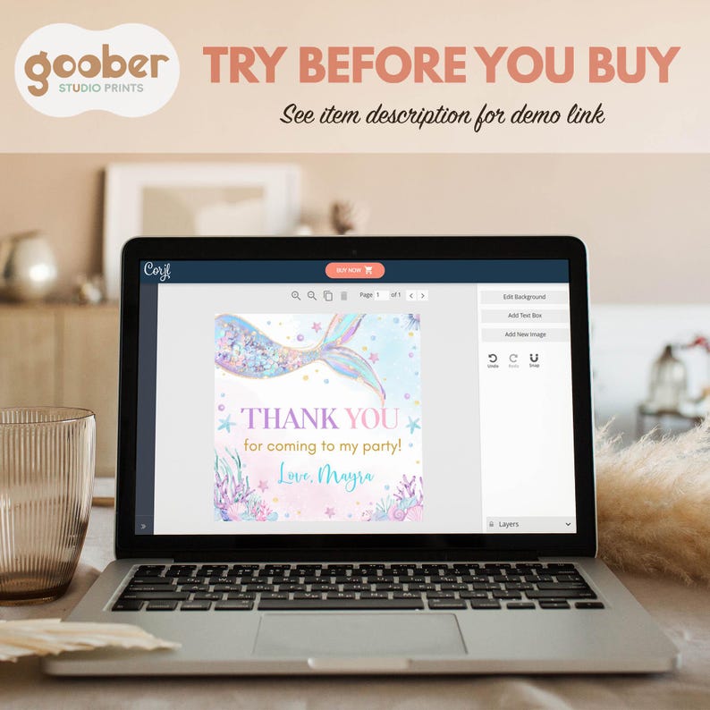 May include: A digital design template for a mermaid-themed thank you card. The card features a sparkly purple and blue mermaid tail with a pink and white background. The text on the card reads "Thank you for coming to my party! Love, Mayra".