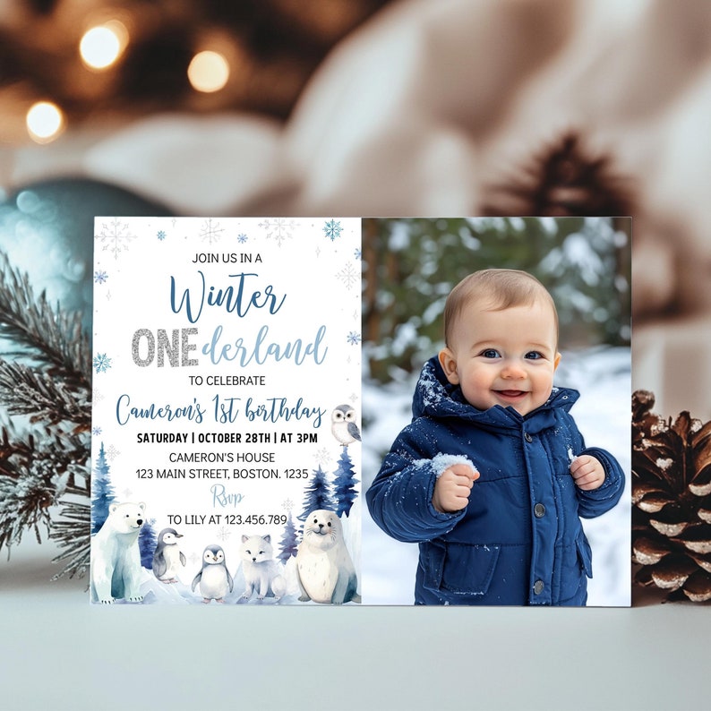 Winter Onederland Invitation, Woodland Arctic Animals Birthday Invitation, Christmas Winter Wonderland Party Invite, Instant Download