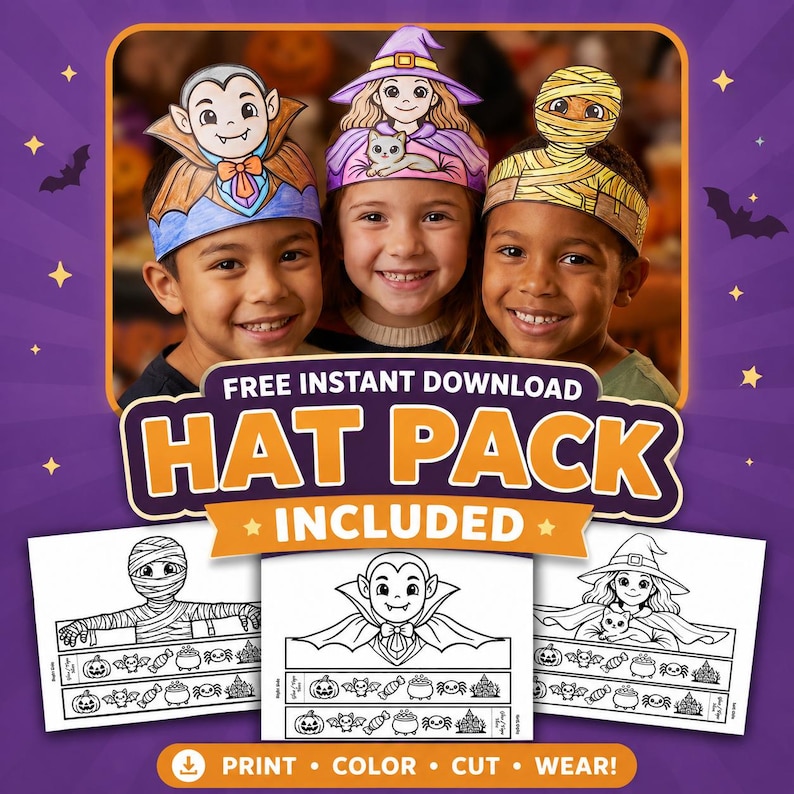 May include: A printable Halloween hat pack featuring three paper crown designs: a vampire, a witch with a cat, and a mummy. The set includes black and white templates for coloring, cutting, and wearing, with icons of pumpkins, bats, and candy.