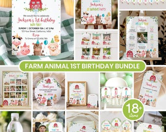 Pacote de convites de aniversário editáveis com tema de animais da fazenda, kit para festa de aniversário de 1 ano com tema de fazenda, pacote de decoração para aniversário de menino fazendeiro, download instantâneo. F010