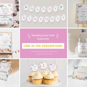 May include: A collection of ocean-themed party supplies featuring illustrations of whales, dolphins, and coral. Items include a birthday invitation, a banner spelling HAPPY BIRTHDAY, welcome signs, a water bottle label, gift tags, and cupcake toppers.