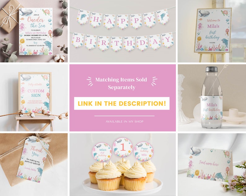 May include: A collection of ocean-themed party supplies featuring illustrations of whales, dolphins, and coral. Items include a birthday invitation, a banner spelling HAPPY BIRTHDAY, welcome signs, a water bottle label, gift tags, and cupcake toppers.