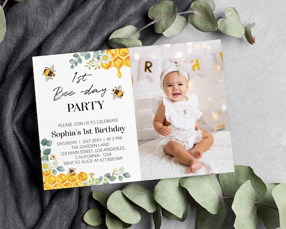 EDITABLE First Bee Day Invitation, Bee Birthday Party Invitation, Our Little Honey Birthday Invite, Floral Bee Invite, Instant Download B002