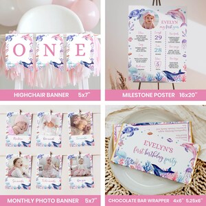 May include: A collection of ocean-themed first birthday party decorations including a 5x7 inch highchair banner, a 16x20 inch milestone poster, a monthly photo banner with 5x7 inch cards, and a 4x6 inch chocolate bar wrapper with sea life.