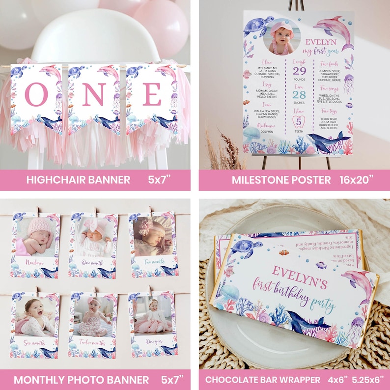 May include: A collection of ocean-themed first birthday party decorations including a 5x7 inch highchair banner, a 16x20 inch milestone poster, a monthly photo banner with 5x7 inch cards, and a 4x6 inch chocolate bar wrapper with sea life.