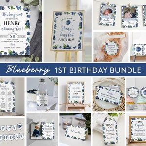 Bundel met bewerkbare bosbes eerste verjaardagsuitnodiging, Berry Sweet Birthday Party Decor Kit, Sweet One verjaardagspakket direct downloaden. B013