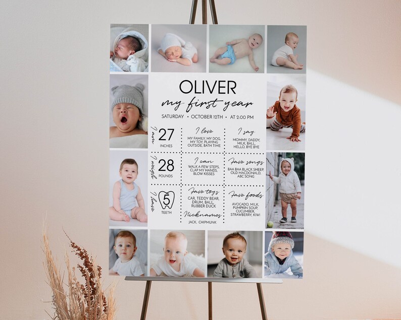 May include: A rectangular milestone poster titled OLIVER my first year, featuring twelve photographs of a baby. The text includes birth details, height of 27 inches, weight of 28 pounds, 5 teeth, and lists of favorite things, songs, foods, and nicknames.